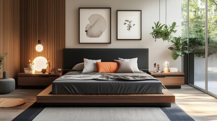 A contemporary bedroom with a platform bed and a bold headboard, paired with minimalist decor and a pop of color in the accessories, creating a stylish retreat