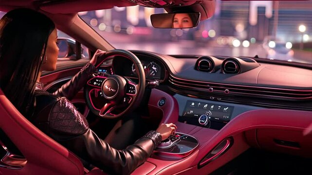 Night Drive: A woman in a sleek black leather jacket confidently navigates the bustling city at night, driving a luxurious car with a red interior, illuminated by the city lights reflecting off the wi