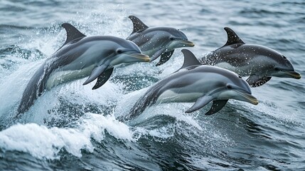 Obraz premium Two playful dolphins leaping out of the ocean, their bodies silhouetted against the bright blue sky as seagulls glide nearby