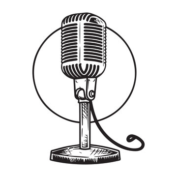 recommend clip art: Hand-Drawn Vintage Microphone Vector Illustration in Black and White Engraved Style