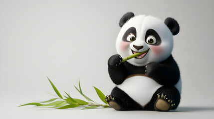 Adorable Panda Sitting and Smiling Among Bamboo Leaves in Forest