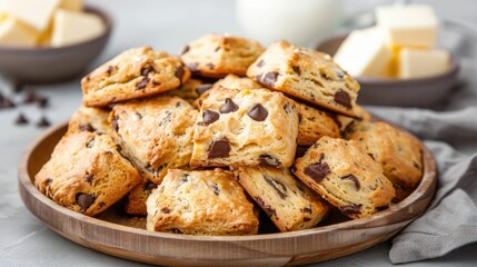 Freshly baked homemade chocolate chip scones arranged on a rustic wooden platter accompanied by a small bowl of creamy butter  The scones have a golden brown crust and a soft fluffy interior
