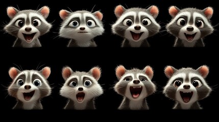 A collection of raccoon characters displaying various joyful expressions.