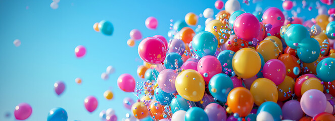 Colorful Balloon Spectacular A Stunning Array of Transparent Balloons Soaring Against a Blue Sky Backdrop