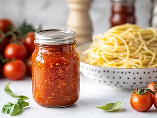 Vibrant red tomato pasta sauce in a glass mason jar, complemented by spaghetti and tomatoes on a white kitchen table. Authentic Italian cuisine and home-cooked meal concepts.