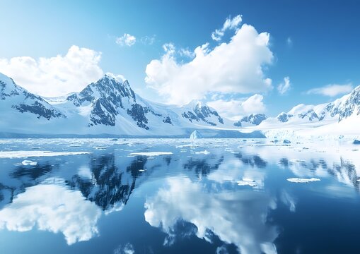 Stunning panoramic view of a snow-covered mountain range reflecting in a calm, ice-filled ocean with blue skies and clouds. - Powered by Adobe