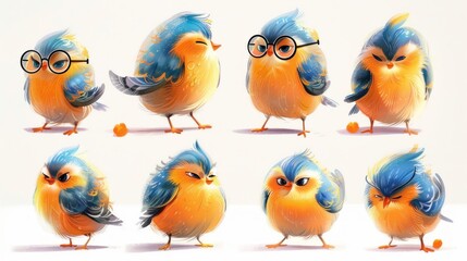 A collection of cute, colorful cartoon birds with various expressions and accessories.