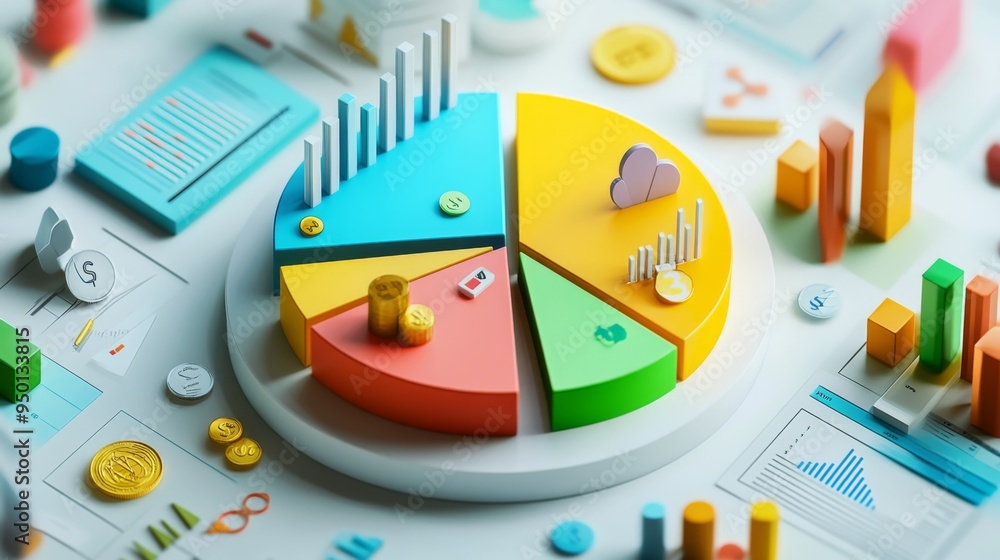 Fototapete A creative 3D pie chart with segments represented by different objects (e.g., coins, graphs, icons), symbolizing the diversity of data sources in a financial report.
