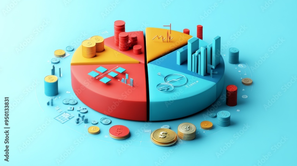 Leinwandbilder a creative 3d pie chart with segments represented by different objects (e.g., coins, graphs, icons),