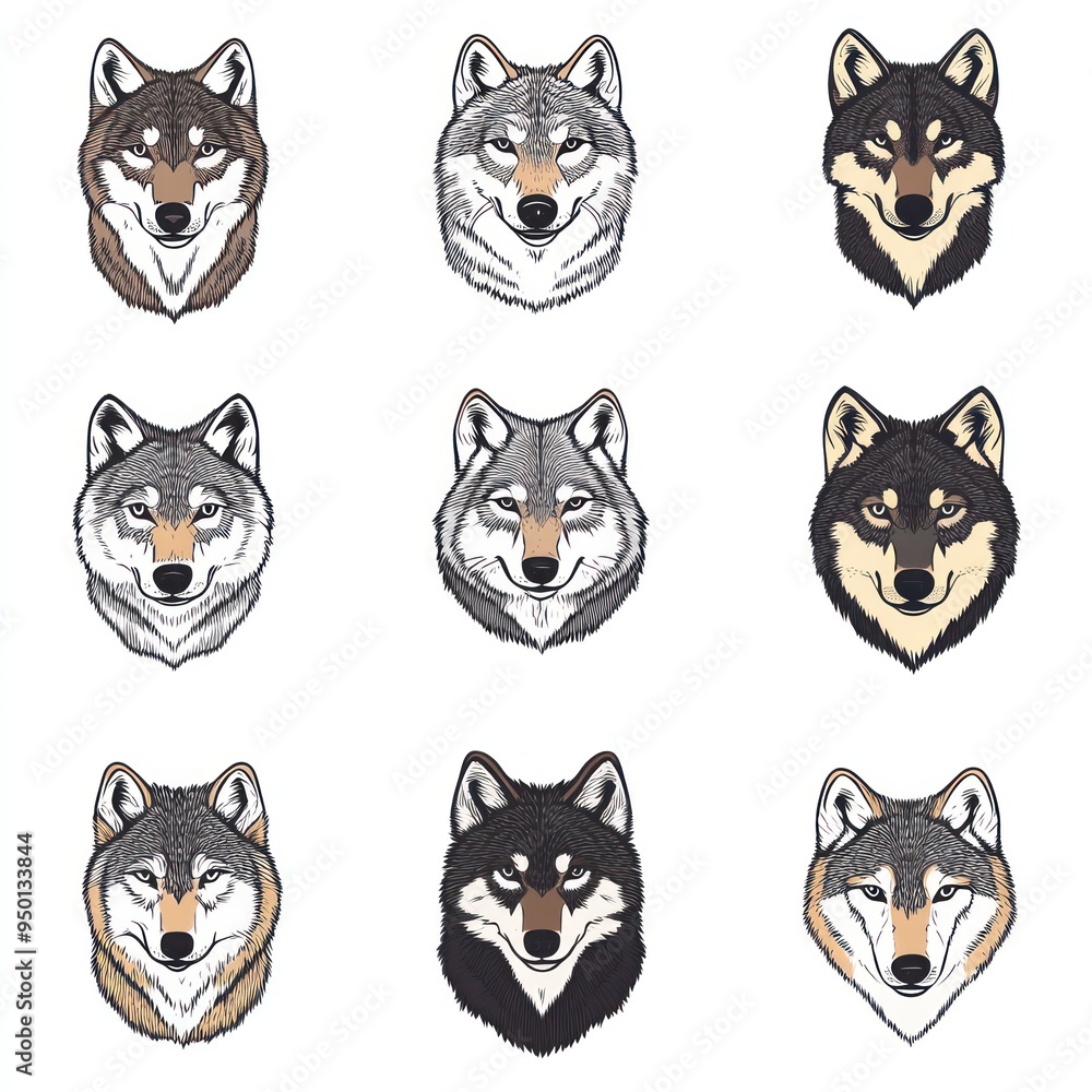 Canvas Prints A grid of stylized wolf head illustrations in various colors and designs.