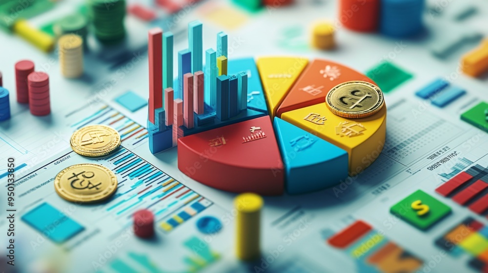 Leinwandbilder A creative 3D pie chart with segments represented by different objects (e.g., coins, graphs, icons), symbolizing the diversity of data sources in a financial report.