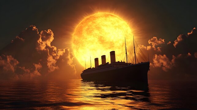 A silhouette of a large ship sailing on a calm sea under a large glowing orange moon.