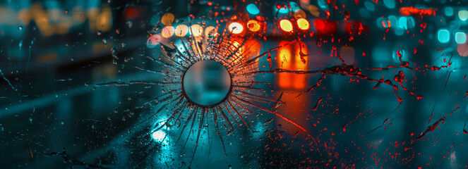 Dramatic stock image Cracked car windshield with flashing police lights creates intense scene captured by expert photographer.