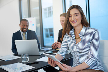 Portrait, happy and business woman on tablet in office meeting for leadership, coworking and about us. Face, financial advisor and entrepreneur on digital tech, employee and manager with work team