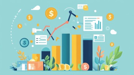 Financial freedom concept with passive income streams and educational materials growth charts and money symbols