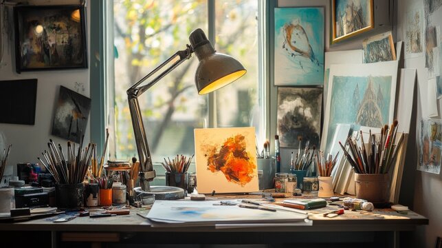 A creative workspace with an artist's tools, including a lamp plugged into a nearby socket, providing bright light for intricate work, and scattered art supplies around.