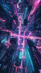 Futuristic CityscapeDrone PerspectiveGlowing Lights and Vibrant Colors