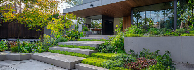 Obraz premium Stylish Urban Oasis Greenery, Stairs, and Cafe Entrance