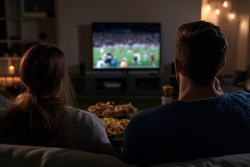 Football Game and Feast: A group of friends or family members gathered in a living room, cheering for their favorite team on TV while enjoying snacks like turkey sandwiches, chips, and drinks. The roo
