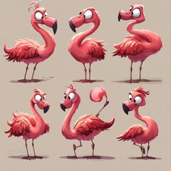 Obraz premium A collection of cartoon flamingos showcasing different poses and expressions.