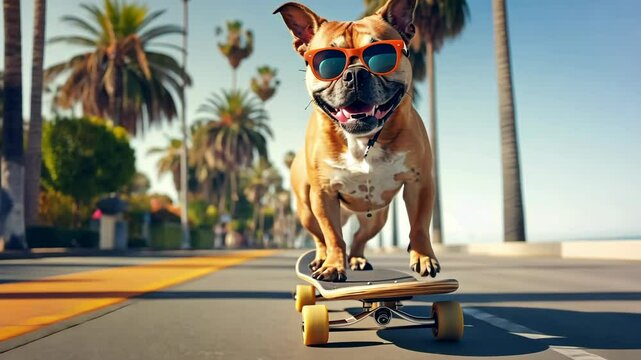 Cool Dog Skateboarding on Beach Boardwalk
