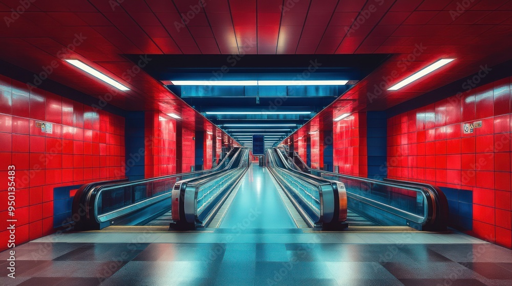 Poster red tiled subway passageway with escalators