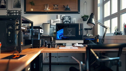 Wide-Angle View of a Home Office Workshop with 3D Printer and Computer