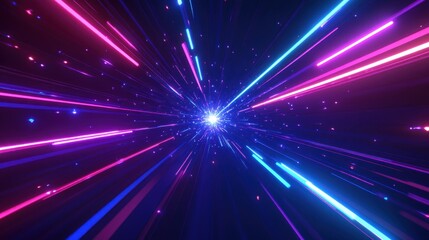 3D render, abstract neon background with blue and purple glowing lines. Big Bang effect, speed of light tunne
