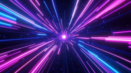 3D render, abstract neon background with blue and purple glowing lines. Big Bang effect, speed of light tunne