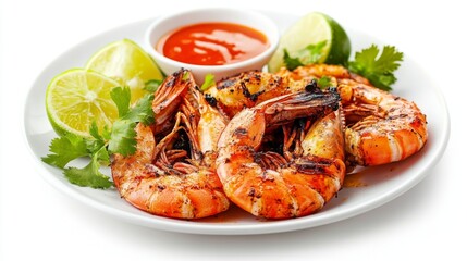 A delicious and inviting plate of grilled prawns with a perfect char, accompanied by a side of dipping sauce and lime wedges, set against a clean white background.