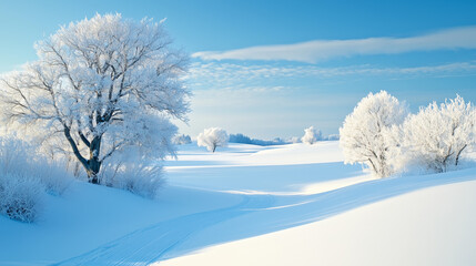 A tranquil winter forest with snow-covered trees under a soft blue sky.	
