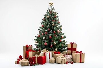 a serene christmas scene with a majestic fir-tree at the center, surrounded by elegantly wrapped gifts and classic decorations, set against a clean white background for copy space