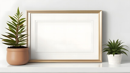 a picture frame sitting on top of a white shelf next to a potted plant