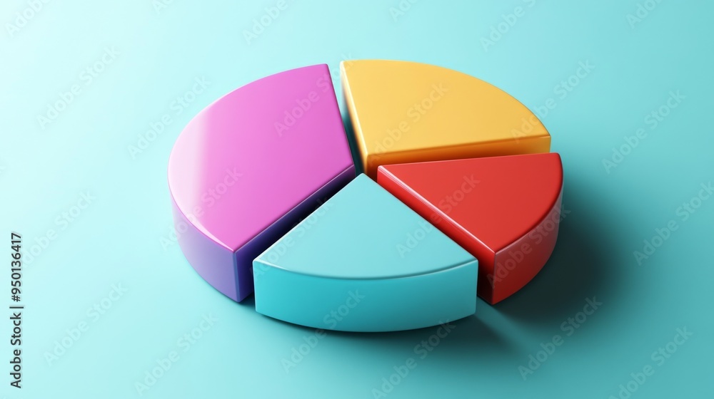 Poster a detailed 3d pie chart with shadows and depth, showcasing different data segments in vibrant colors