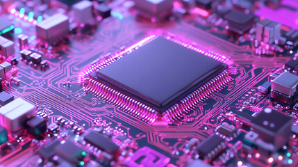 Close-up of an electronic circuit board with a glowing pink microchip at the center, integrated circuits and components in the background.