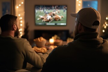 Obraz premium Football Game and Feast: A group of friends or family members gathered in a living room, cheering for their favorite team on TV while enjoying snacks like turkey sandwiches, chips, and drinks. The roo