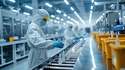 Workers on a pharmaceutical production line