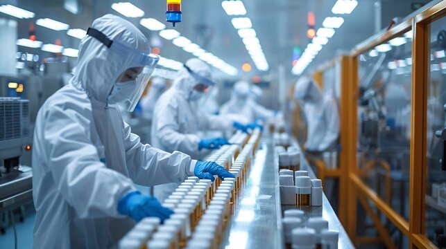 Workers on a pharmaceutical manufacturing
