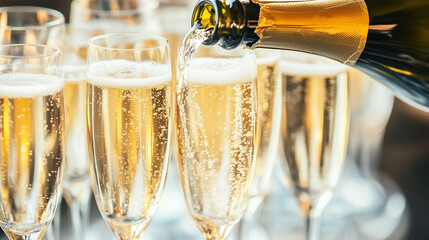 Close-Up Pouring Champagne for Toast. Pouring champagne into glasses, suitable for celebrations and festive events.