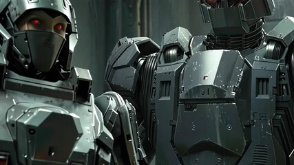 Cybernetic Sentinels: Two imposing futuristic soldiers stand guard, their armored suits a testament to advanced technology in a dystopian world.  - Powered by Adobe