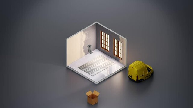 3d Orthographic animation of living room. time-lapse animation showing a process of building interior. delivery car unloads box.  living room furniture is being assembled from delivery box.