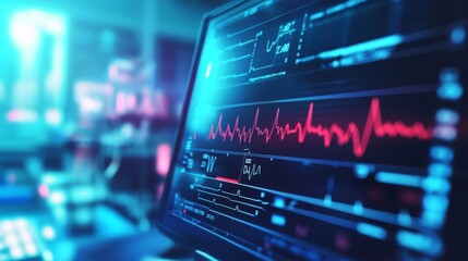Fototapeta premium A detailed ECG waveform on a medical monitor with precise heart rate data, captured in a clinical environment with a focus on accuracy.
