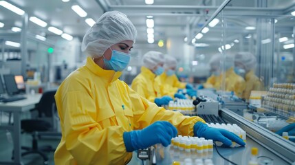 Workers on a pharmaceutical production line