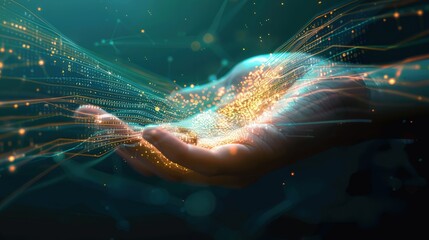 A hand immersed in a flowing stream of glowing digital information, with data lines converging on the palm, illustrating control and navigation within a virtual data environment.