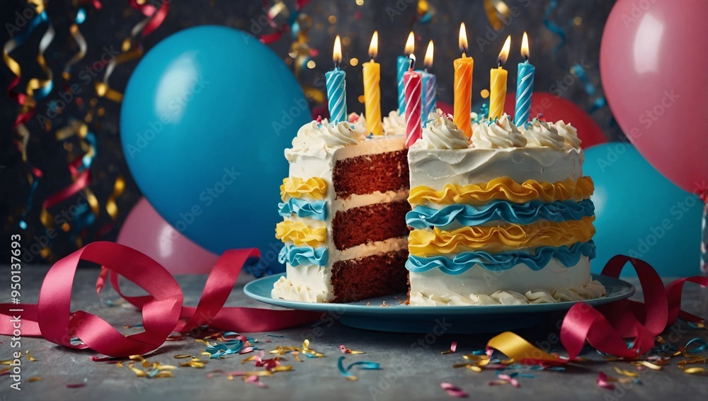 Sticker Cheerful Birthday Background Background with streamers and a celebratory cake.