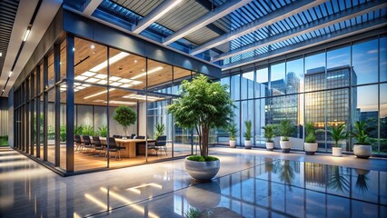 A Studio Lightning Map of a casual Calotropis A modern office building with glass windows and a sleek design that exudes professionalism amidst a minimalist aesthetic.