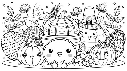 Fototapeta premium Happy Thanksgiving Hand drawn kawaii coloring book illustration AI generated