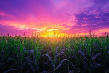 a stunning photograph of a cornfield at dawn with the sky ablaze in shades of pink and purple illustration