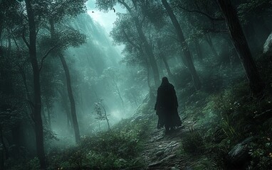 God of Warinspired Tibetan forest with a character walking, depicted in a realistic horror game style Detailed, eerie ambiance