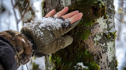 A hand wearing a rugged outdoor glove, reaching out to touch moss on a tree trunk during a winter hike, with snow lightly dusting the moss and bark.